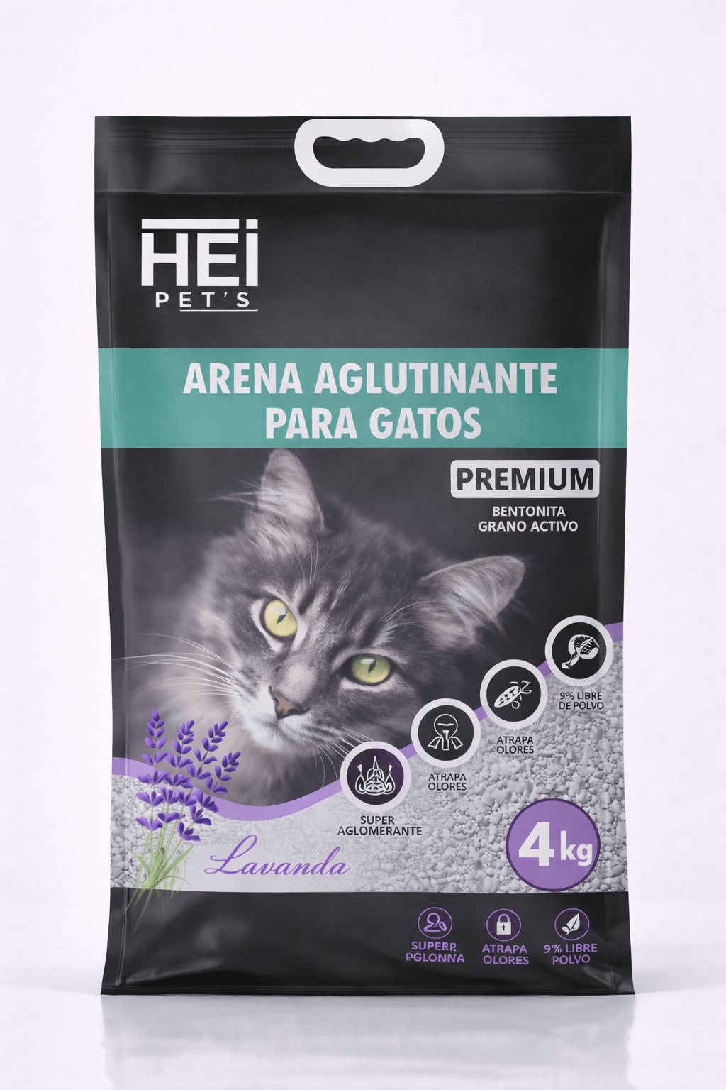 Arena Aglutinante para Gatos Hei Pets Premium Carbón Activo 4 Kilos