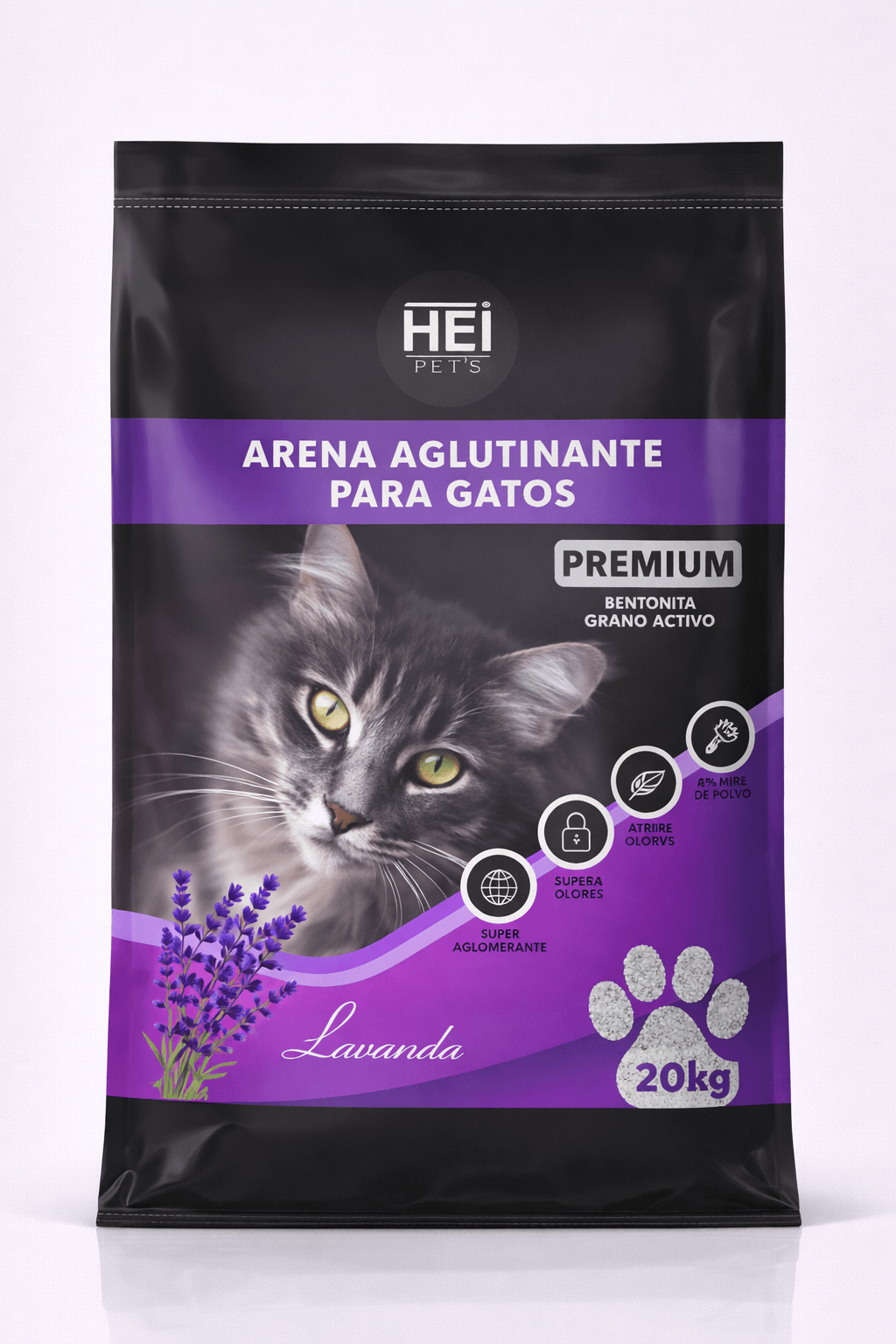 Arena Aglutinante para Gatos Hei Pets Premium Carbón Activo 20 Kilos