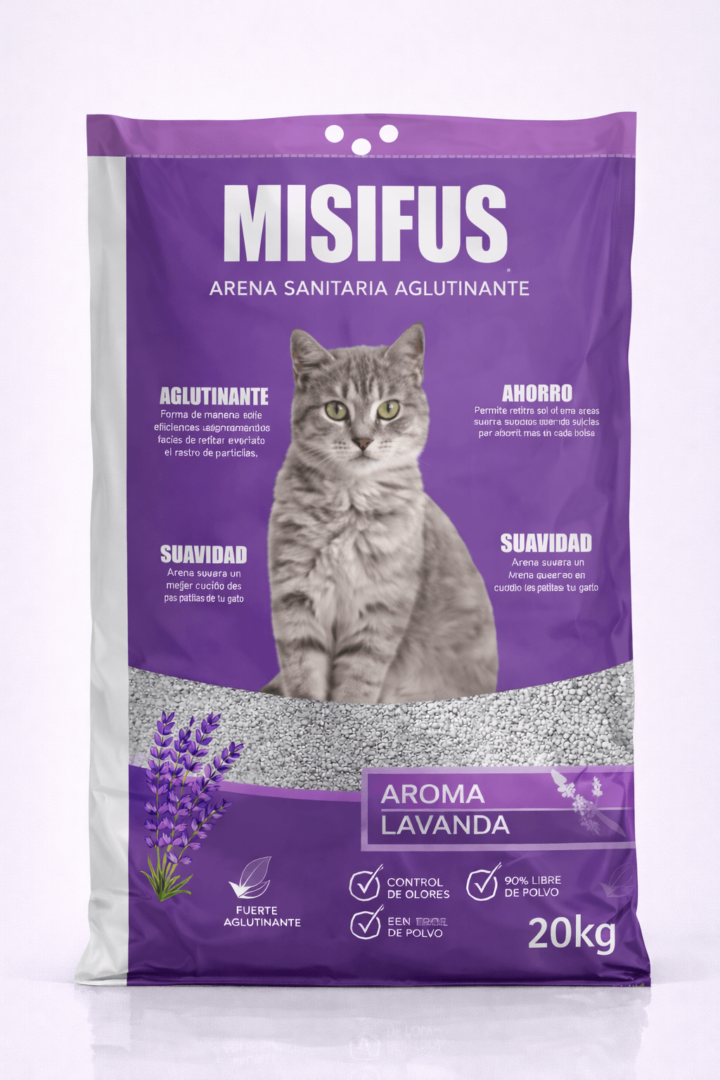 Arena Sanitaria Agllutinante para Gatos Misifus Aroma Lavanda 20 Kilos